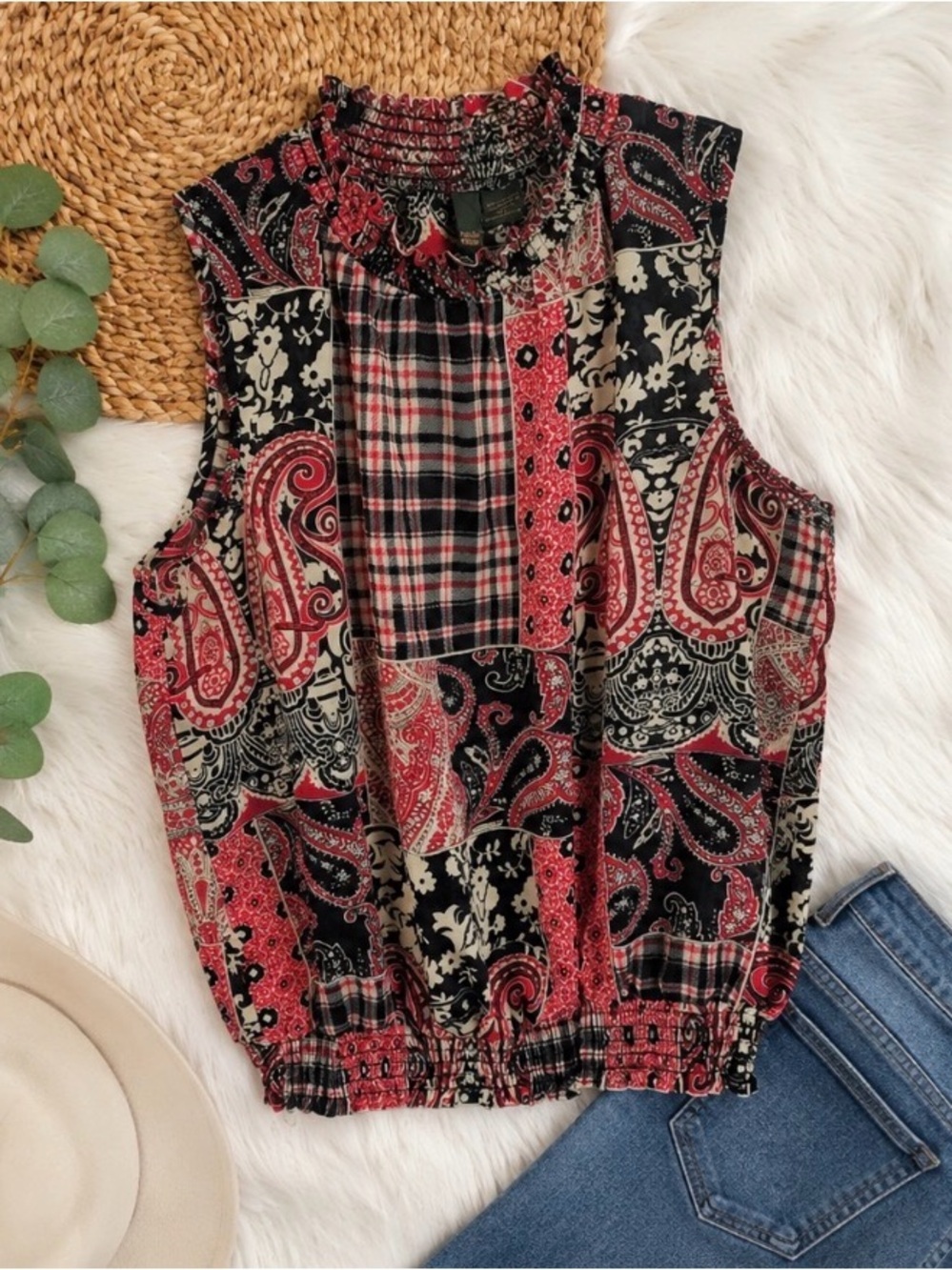 Sere Nade plaid & paisley sleeveless blouse XL